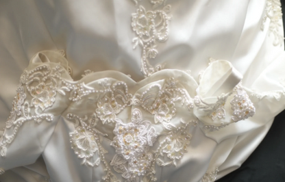 Retro Princess One Shoulder Long Sleeve Beaded Satin Back Butterfly Wedding Dress P2842