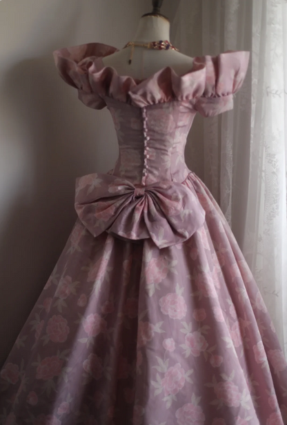 Princess Rose Print Satin Bow Puff Wedding Dress P2851