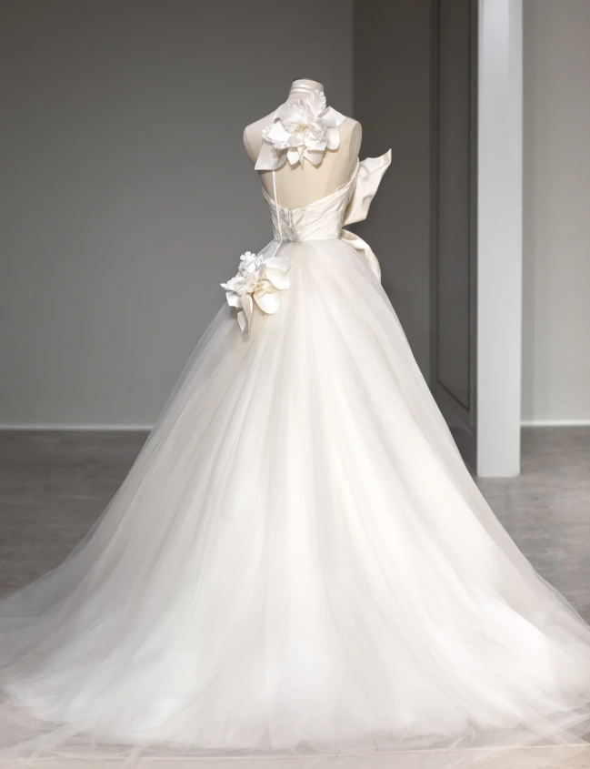 Elegant Satin Magnolia Tulle Splicing Fairy Floor-Length Wedding Dress P2879