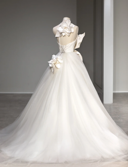 Elegant Satin Magnolia Tulle Splicing Fairy Floor-Length Wedding Dress P2879