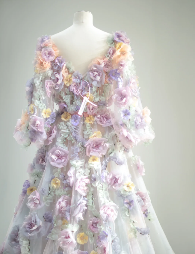 Dreamy Tulle Long Sleeve Pink and Purple Flower A-Line Wedding Dress P2880