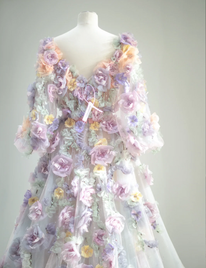 Dreamy Tulle Long Sleeve Pink and Purple Flower A-Line Wedding Dress P2880