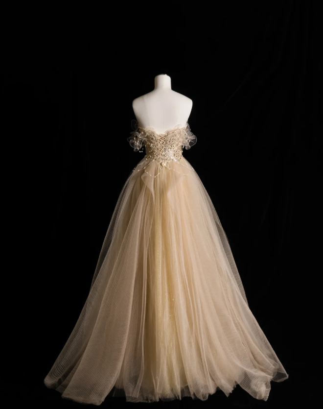 Gold Glitter Strapless Sequined A-Line Tulle Floor-Length Wedding Dress P2898