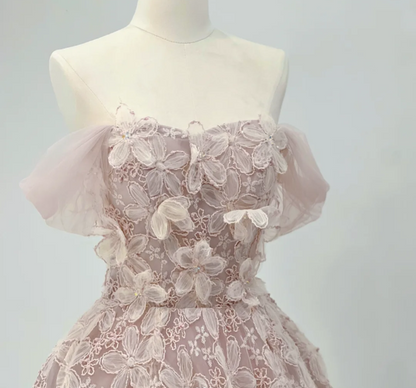 Princess Pink One Shoulder Lace Floral A-Line Wedding Dress P2904