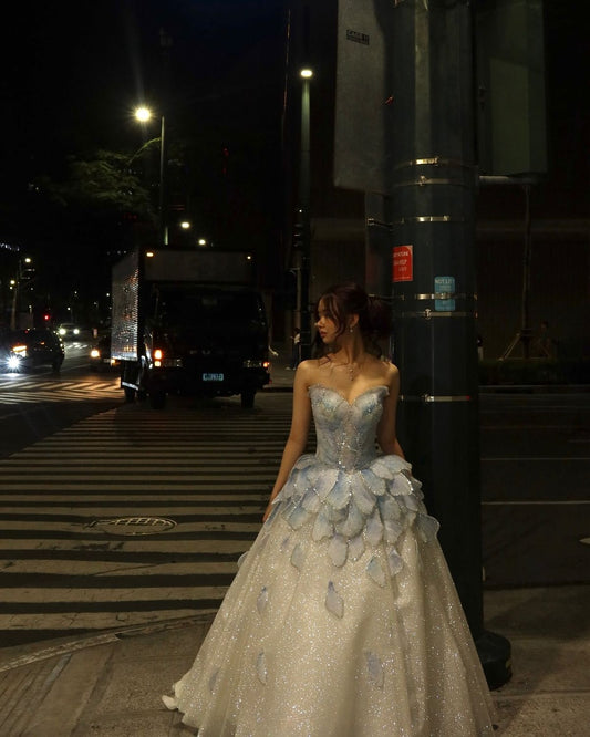 Dreamy Blue And White Strapless Sequined Tulle Ball Gown Evening Dress Sweet 16th Dress cc4993