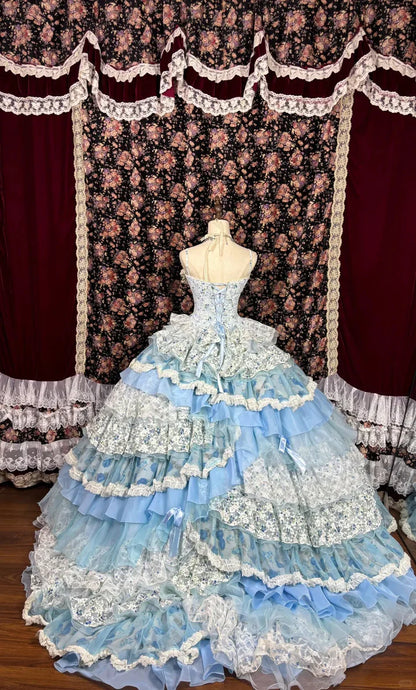 Vintage-inspired Pastel Blue Floral Lace Layered Lolita Ruffled A-Line Ball Gown TP5106