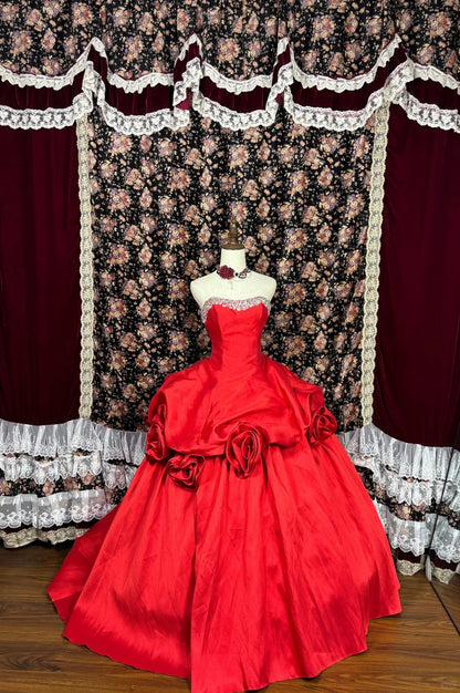 Retro bright red tube top 3D rose fluffy wedding dress P2963