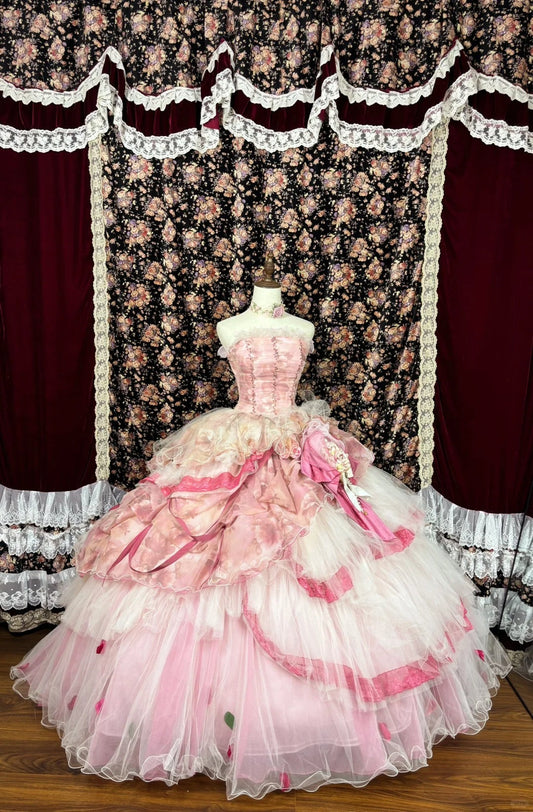 Fairy Pink Tube Top 3D Flower Puff Princess Wedding Dress P2965