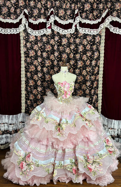 Vintage Pink Strapless Printed Layered Tulle Lace Trim Puffy Wedding Dress P2968