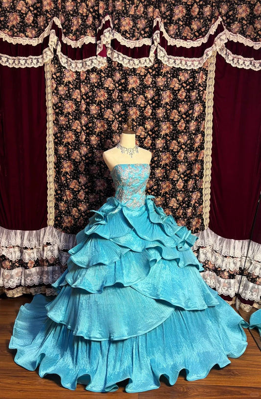 Dreamy Blue Strapless Accordion Pleated Skirt Beaded Train Wedding Dress P3011