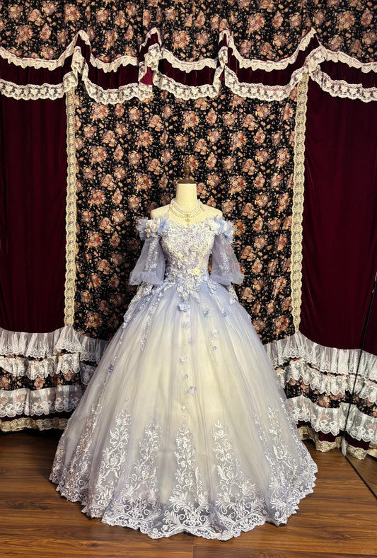 Beautiful one-shoulder princess sleeve gradient purple skirt three-dimensional flower beaded tulle wedding dress P3015