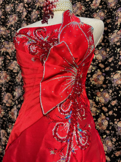 Beautiful red tube top beaded butterfly skirt mermaid wedding dress P3022