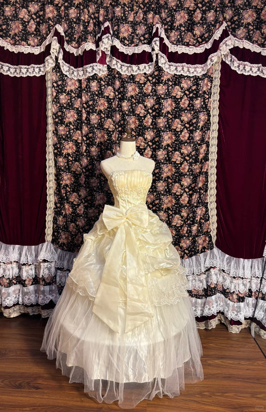 Cream Princess Tube Top Watery Satin Small Pearl Bow Puffy Wedding Dress P3036