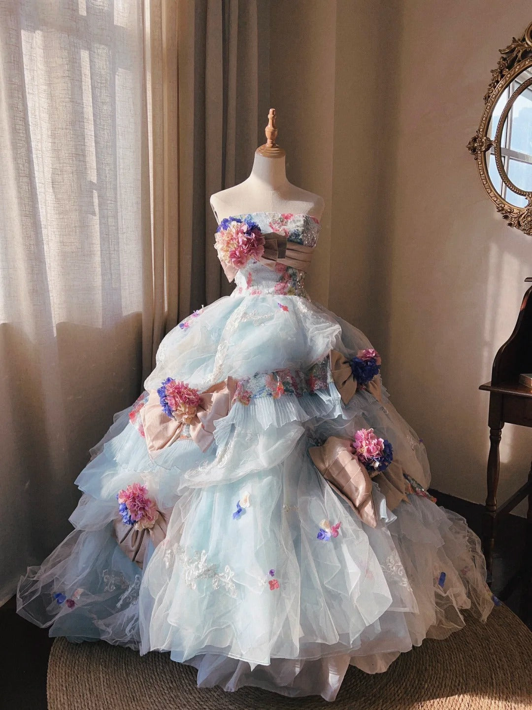 Dreamy light blue tube top 3D flower handmade beaded sequined trailing wedding dress P3067