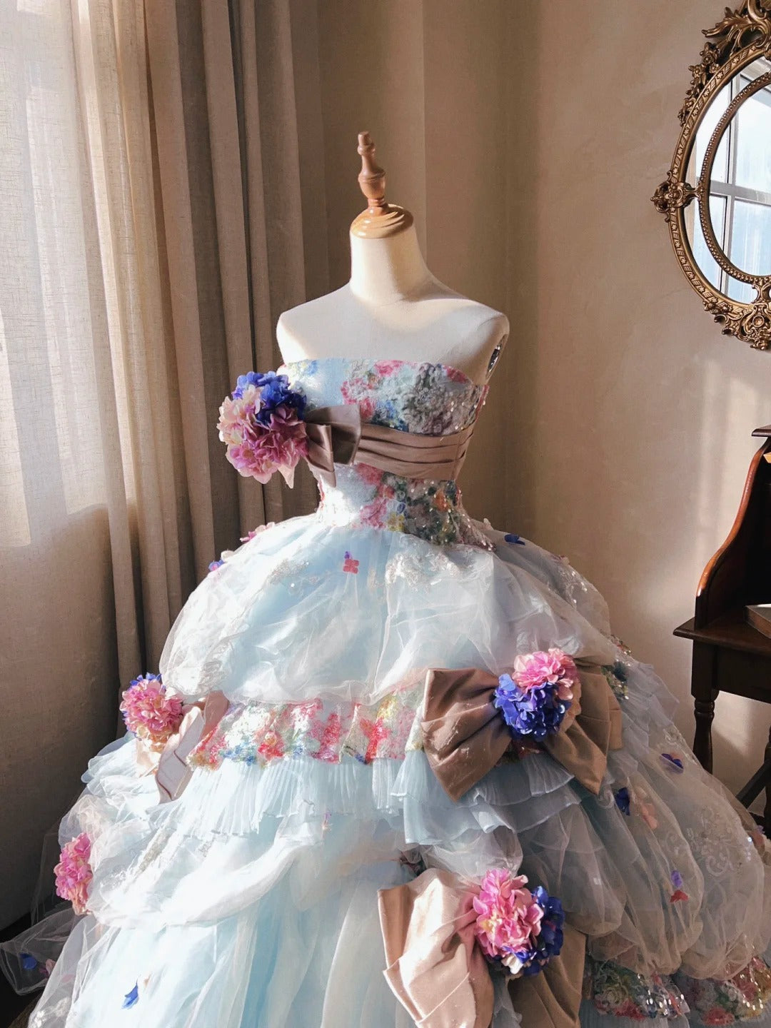 Dreamy light blue tube top 3D flower handmade beaded sequined trailing wedding dress P3067