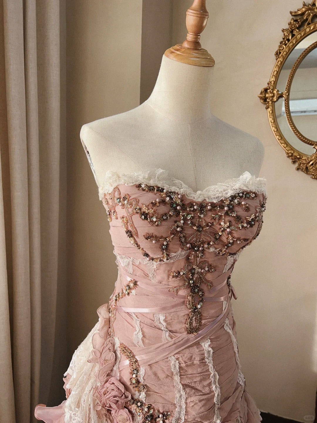 Beautiful Pink Rose Slim Skirt Pleated French Lace Mermaid Wedding Dress P3068