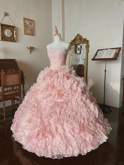 French romantic rose tulle flower tube top fluffy princess floor-length wedding dress P3071