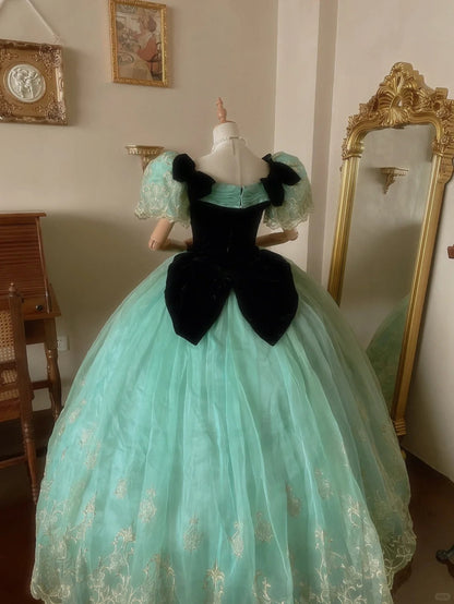 Fresh aqua velvet with one-shoulder tulle braided lace puffy skirt wedding dress P3072