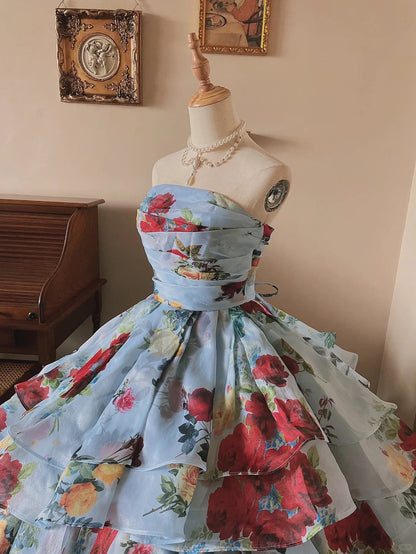 Glacier Blue Rose Print Lightweight Flowing Tulle Strapless Floor-Length Wedding Dress P3075