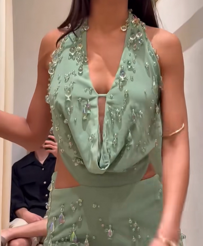 Sexy Halter Green Crystal Pendant Backless Mini Birthday Homecoming Dress P3105
