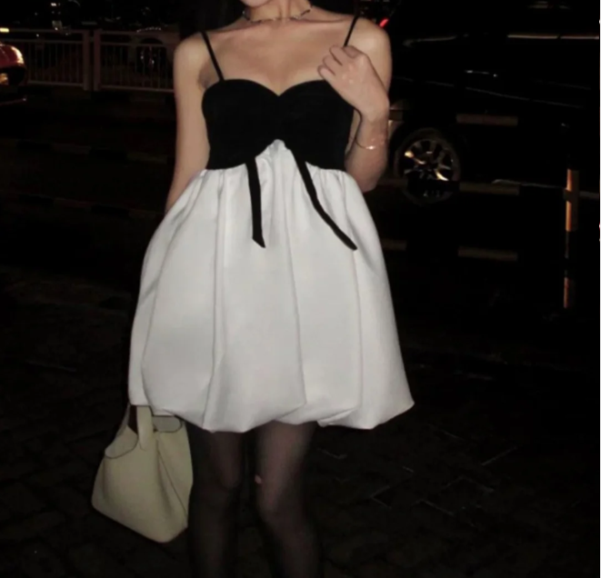 Black and white contrast bow tube top flower bud sling homecoming dress P3123