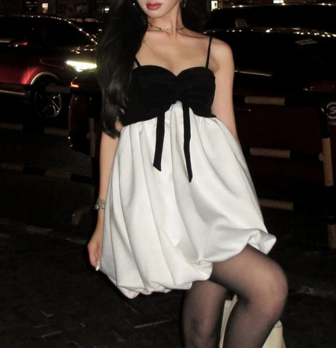 Black and white contrast bow tube top flower bud sling homecoming dress P3123