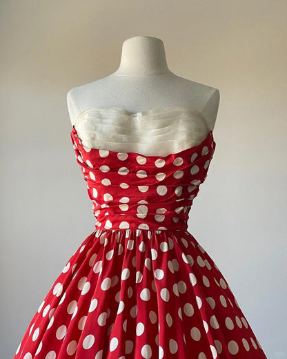 Red polka dot strapless off-shoulder A-line homecoming dress P3142