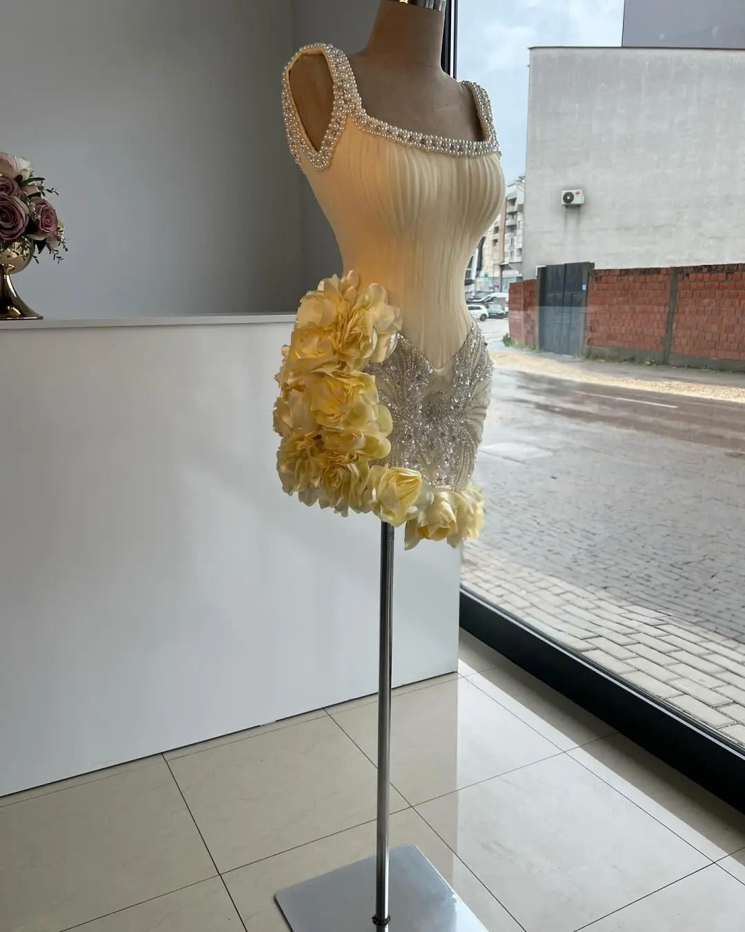 Princess Light Yellow Pearl Straps Beaded 3D Flower Skirt Short Homecoming Dress P3151