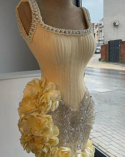 Princess Light Yellow Pearl Straps Beaded 3D Flower Skirt Short Homecoming Dress P3151
