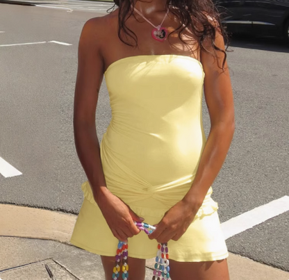 Simple yellow tube top slim fit twist design hip wrap homecoming dress P3153