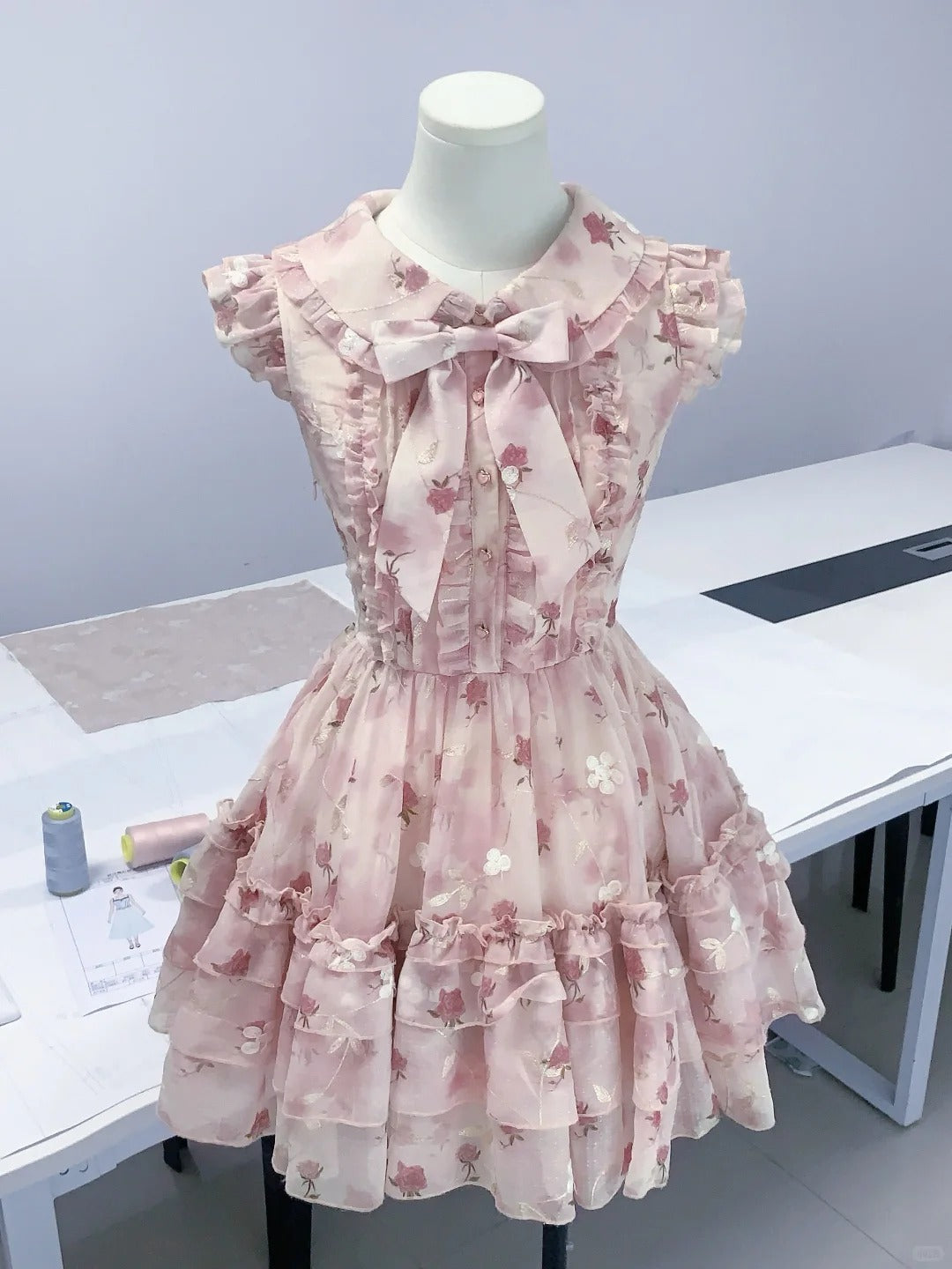 Sweet baby doll collar floral small flying sleeve puffy homecoming dress P3164