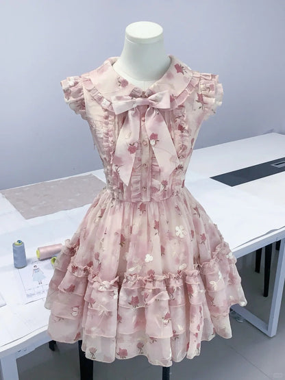 Sweet baby doll collar floral small flying sleeve puffy homecoming dress P3164