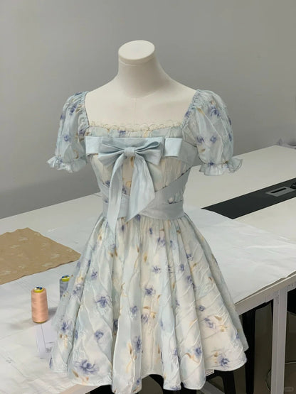 Light blue square neck rose print bow short sleeve homecoming dress P3165