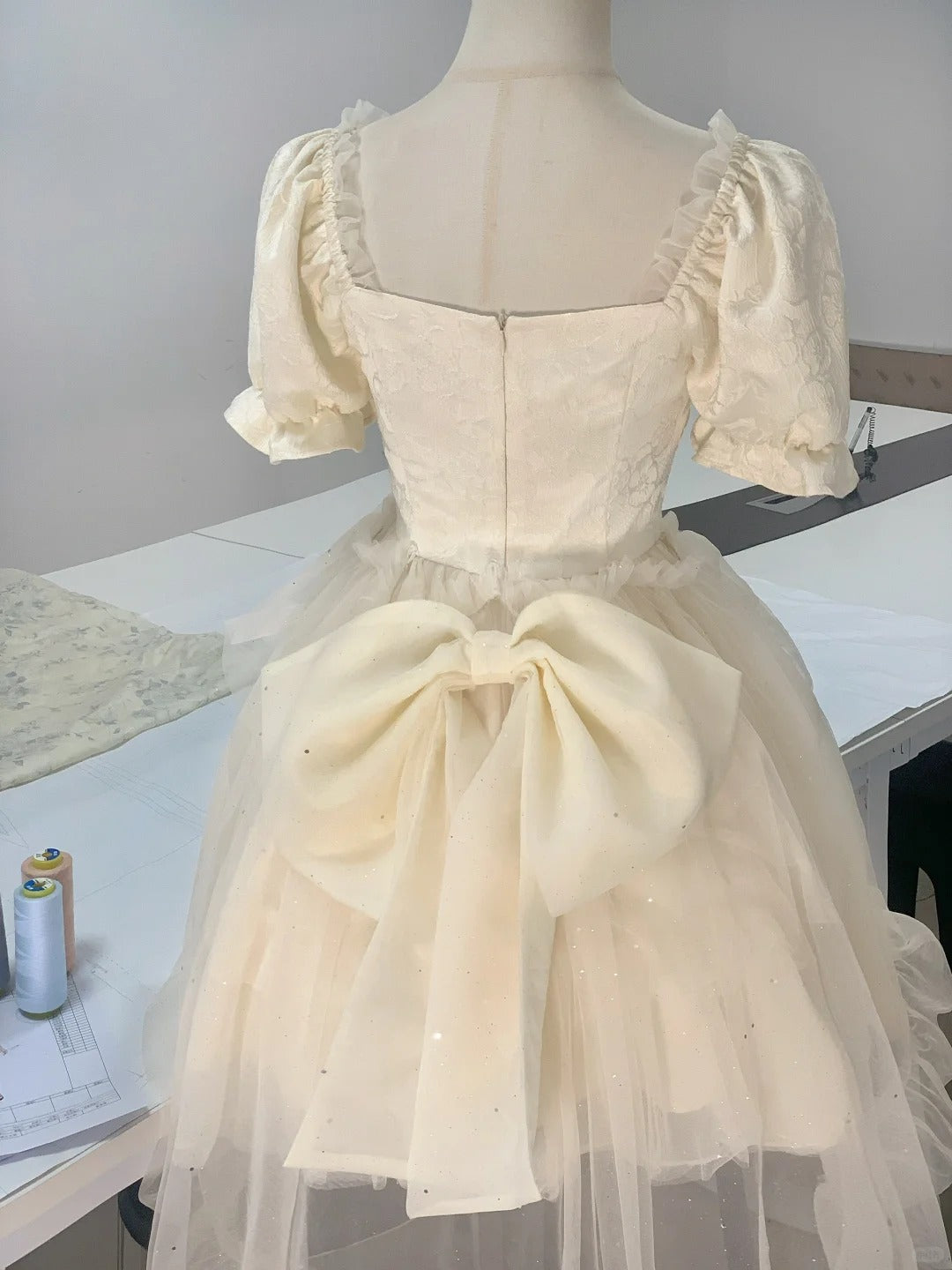 Princess light yellow puff sleeves heavy bow tail homecoming dress P3177