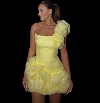 Sexy Yellow One Shoulder Hip-hugging Flower Bud Skirt Mini Homecoming Dress P3183