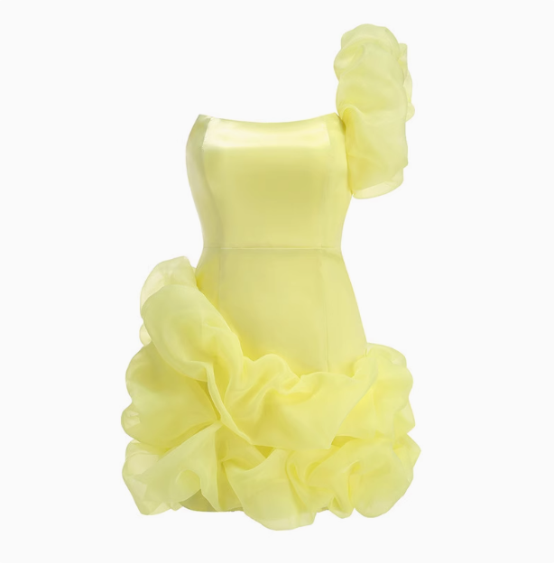 Sexy Yellow One Shoulder Hip-hugging Flower Bud Skirt Mini Homecoming Dress P3183
