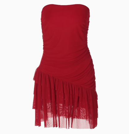 Sexy one-shoulder tube top elastic slim mesh splicing oblique hem homecoming dress P3240