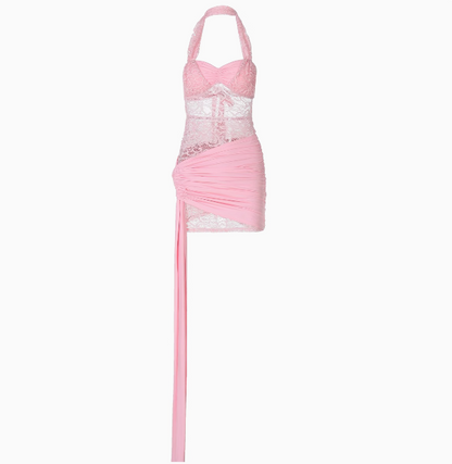 Sexy lace stitching backless halter neck hip birthday party homecoming dress P3242