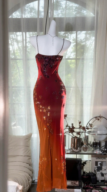 Vintage Orange Chiffon Strap Mermaid Beaded Evening Gown Prom Dress P3256