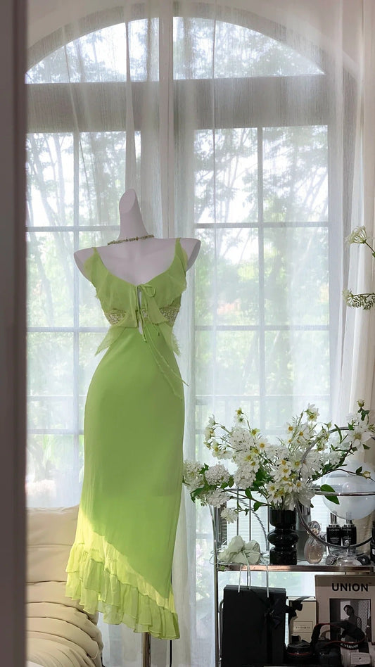 Simple Green Chiffon Mermaid Irregular Skirt Prom Dress P3257
