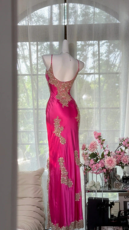 Retro Barbie Pink Lace and Satin Slit Mermaid Evening Dress Prom Dress P3258