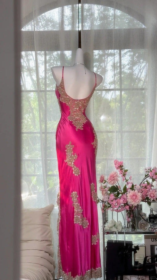 Retro Barbie Pink Lace and Satin Slit Mermaid Evening Dress Prom Dress P3258