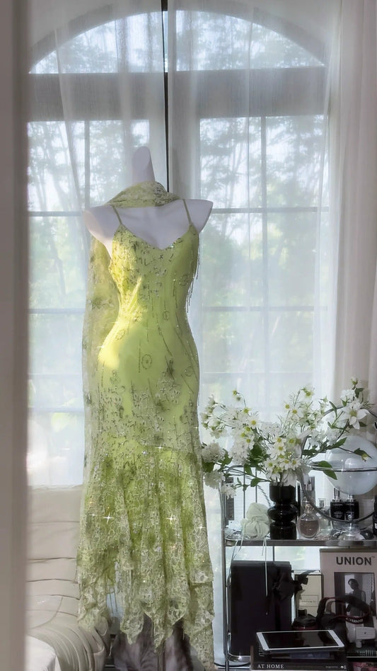 Shiny Green Beaded Straps Chiffon Irregular Skirt Prom Dress P3259