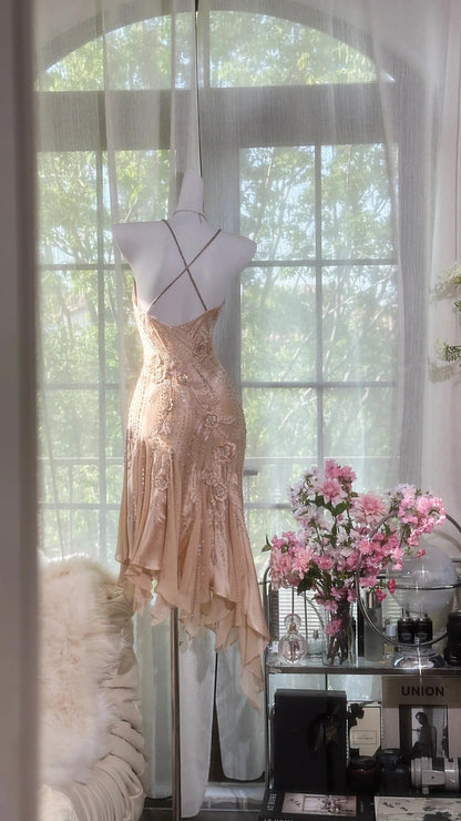 Retro Pink Mermaid Beaded Irregular Hem Prom Dress P3267