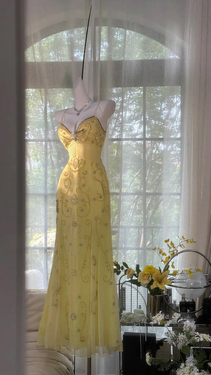 Flowy Yellow Spaghetti Strap Chiffon Beaded Mermaid Evening Gown Prom Dress P3272