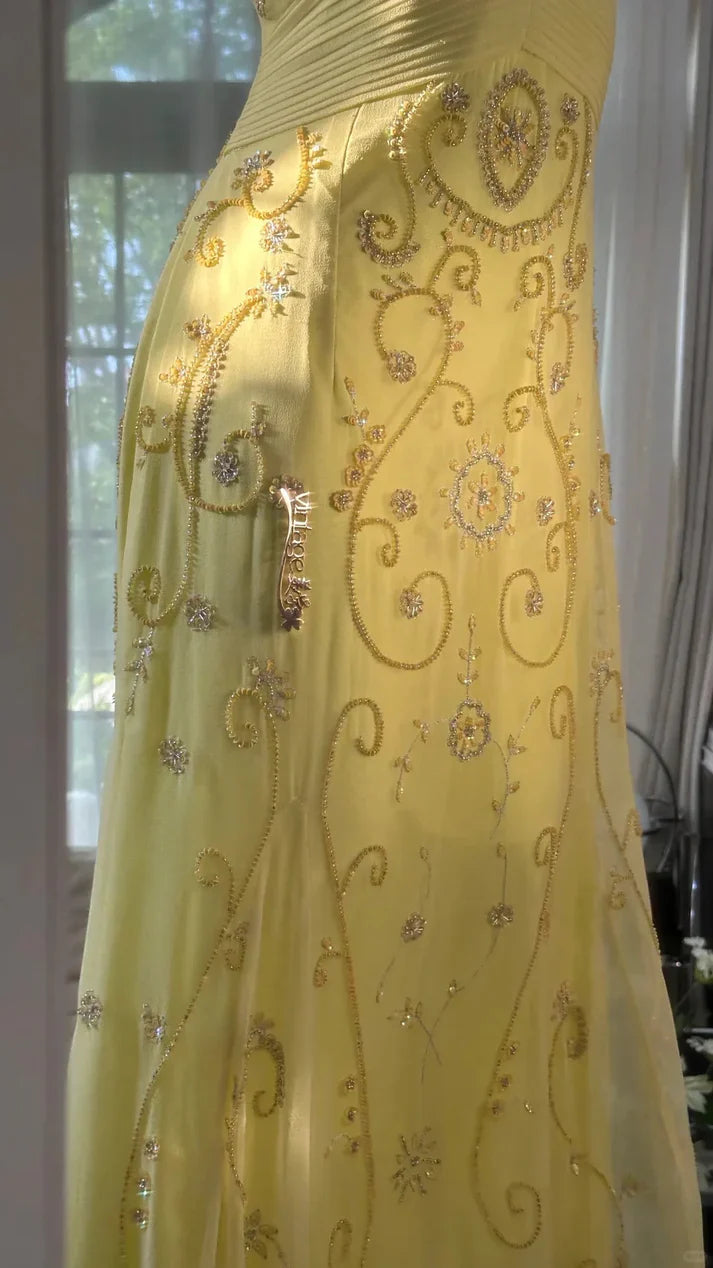Shiny Yellow Sequined Sweetheart Chiffon A-Line Prom Dress Evening Dress TP4308