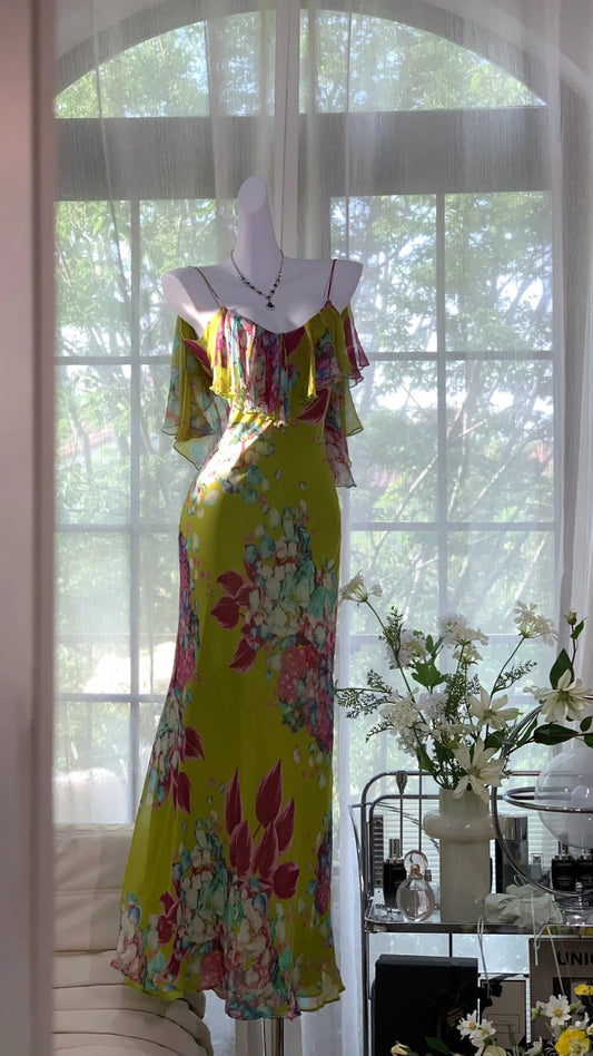 Vintage Oil Painting Green Printed Chiffon Mermaid Evening Gown Prom Dress P3273