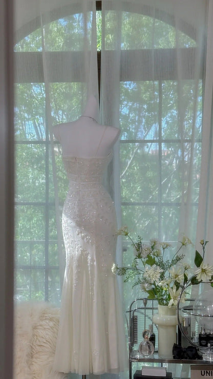 Elegant White Strap Beaded Chiffon Sexy Evening Gown Prom Dress P3275