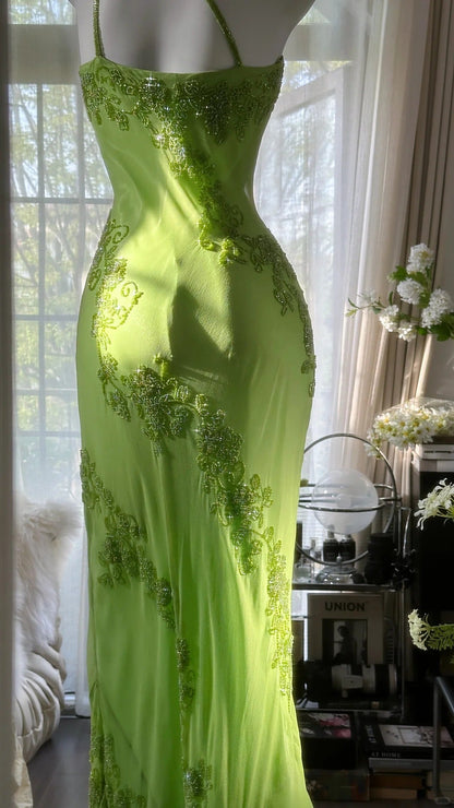 Fresh Green One Shoulder Chiffon Beaded Mermaid Evening Gown Prom Dress P3277