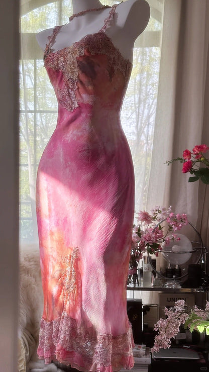Elegant Rose Oil Painting Gradient Pink Mermaid Prom Dress P3279